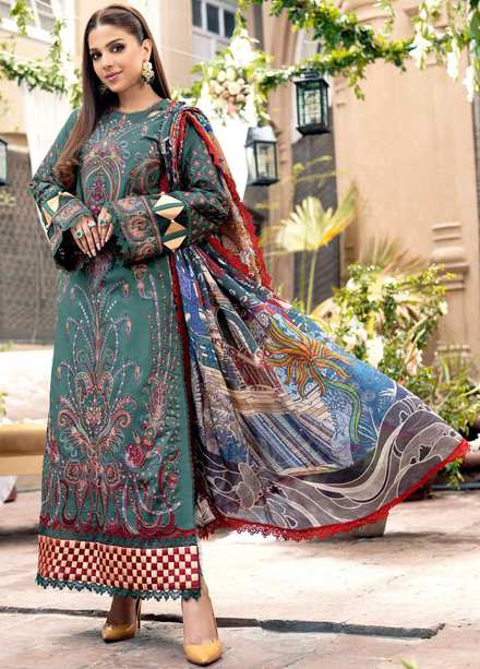 A Floral Dream By Maryam Hussain Embroidered Lawn Suits Unstitched 3 Piece MH23FD 08 Emerald - Luxury Collection