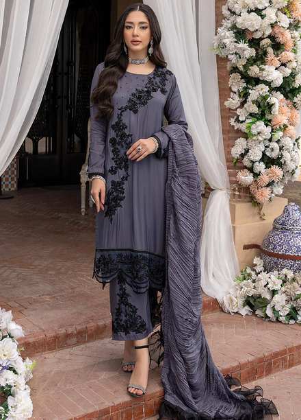 Azure Pret Embroidered Cotton Silk 3 Piece Dress Obsidian OD299