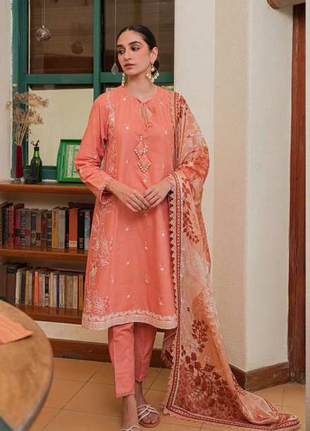 Mahiri By Cross Stitch Embroidered Cambric Suits Unstitched 3 Piece CS22MH-6 05 PEACH FLORA - Festive Collection