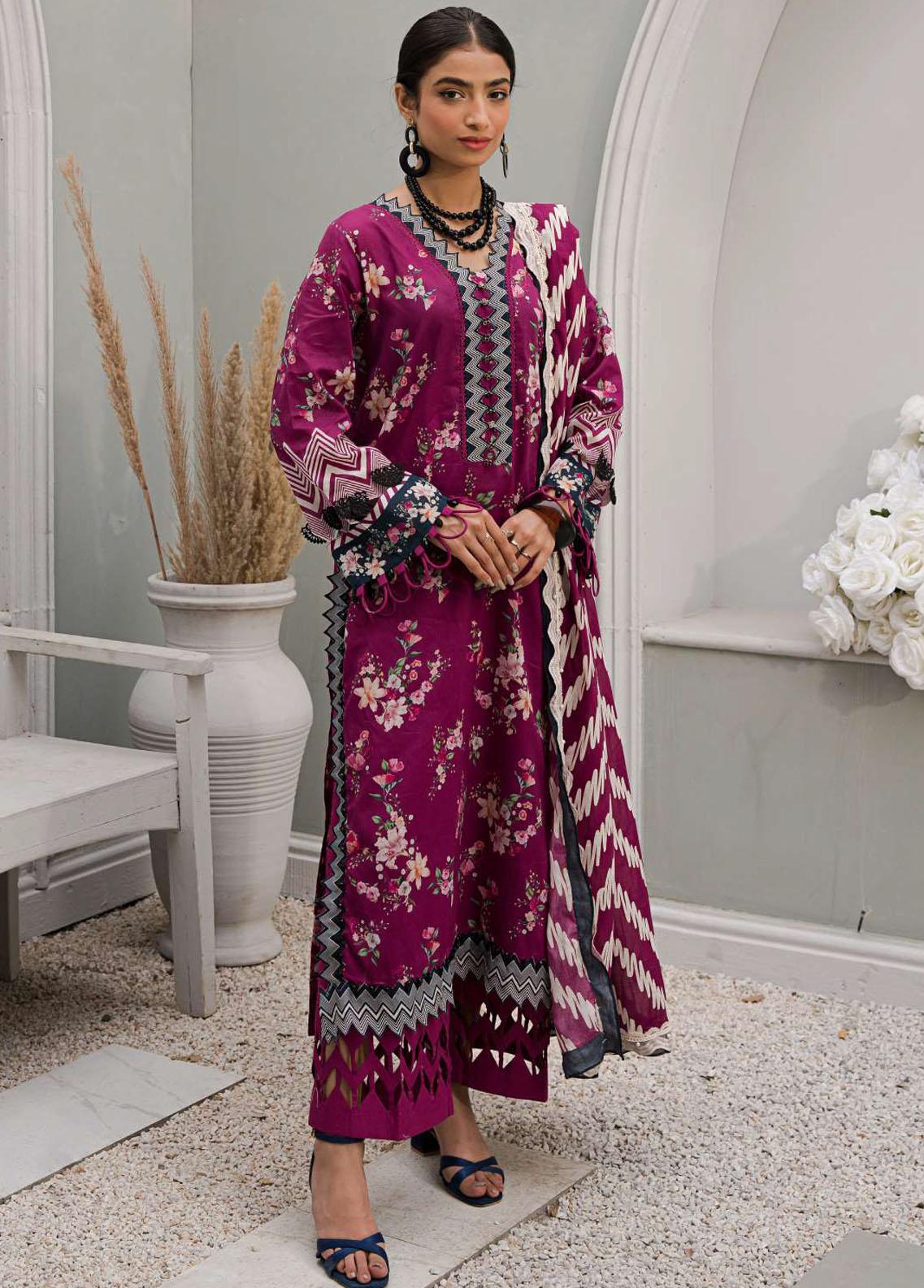 Elaf Signature Embroidered Lawn Unstitched 3 Piece Suit - ESA-2B Ruby Lady - EL26EM - Maroon - Luxury Collection