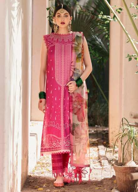 Mehru By Faixa Faixal Embroidered Lawn Suits Unstitched 3 Piece FFX22M E22-02 Fushia Pink - Luxury Collection