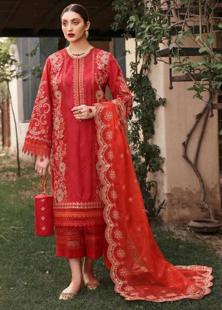 Mehru By Faixa Faixal Embroidered Lawn Suits Unstitched 3 Piece FFX22M E22-07 Red - Luxury Collection