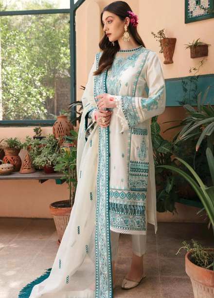 Mehru By Faixa Faixal Embroidered Lawn Suits Unstitched 3 Piece FFX22M E22-09 Off White - Luxury Collection