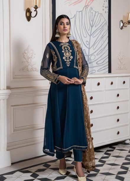 Maleena Embroidered Chiffon Suits Unstitched 3 Piece MLN22DH Sage - Luxury Collection