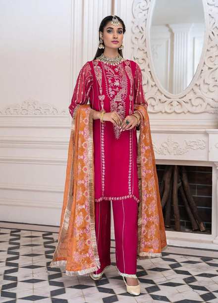 Maleena Embroidered Chiffon Suits Unstitched 3 Piece MLN22DH Pink Ruscus - Luxury Collection