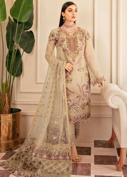 Minhal by Ramsha Embroidered Organza Suits Unstitched 3 Piece RSH22-M6 M-602 - Luxury Collection