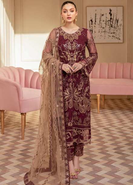 Minhal by Ramsha Embroidered Net Suits Unstitched 3 Piece RSH22-M6 M-603 - Luxury Collection