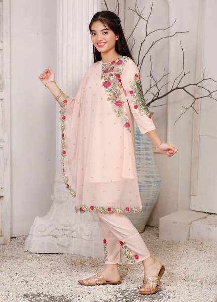 Modest Chiffon Pret 3 Piece Suit for Girls -  4745-Peach Pearl Cape