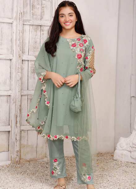 Modest Chiffon Pret 3 Piece Suit for Girls -  4745-Sea Green Pearl Cape