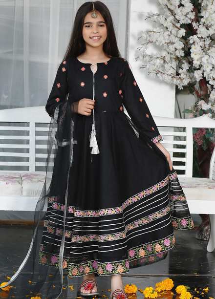 Modest Net Pret 3 Piece Suit for Girls -  Tabeer 6285-Black