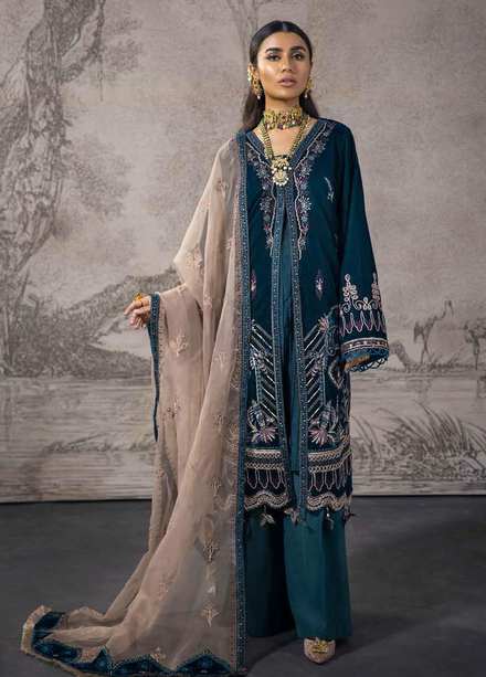 Maya By Nureh Embroidered Velvet Suits Unstitched 3 Piece NU21MV NV-13 Dancing Teal - Winter Collection