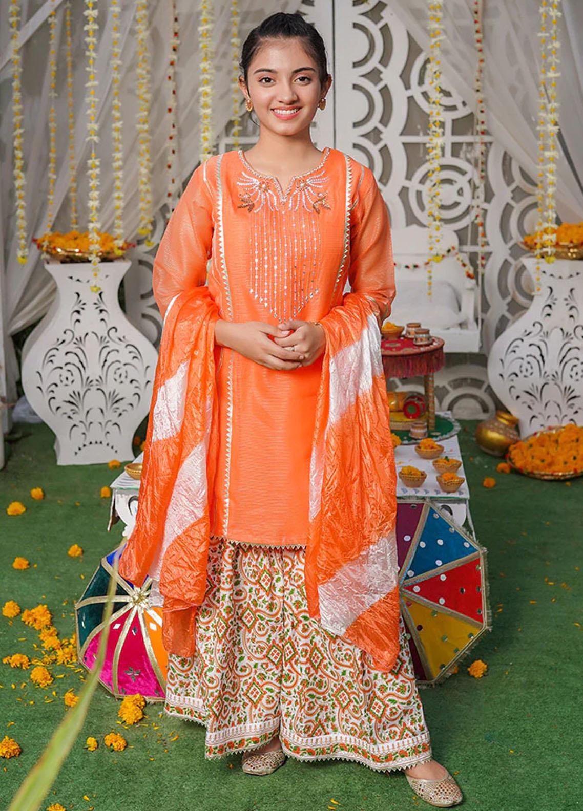 Ochre RTW Embroidered Girls 3 Piece Chiffon Hand Adda Work AC-62 - Summer Collection