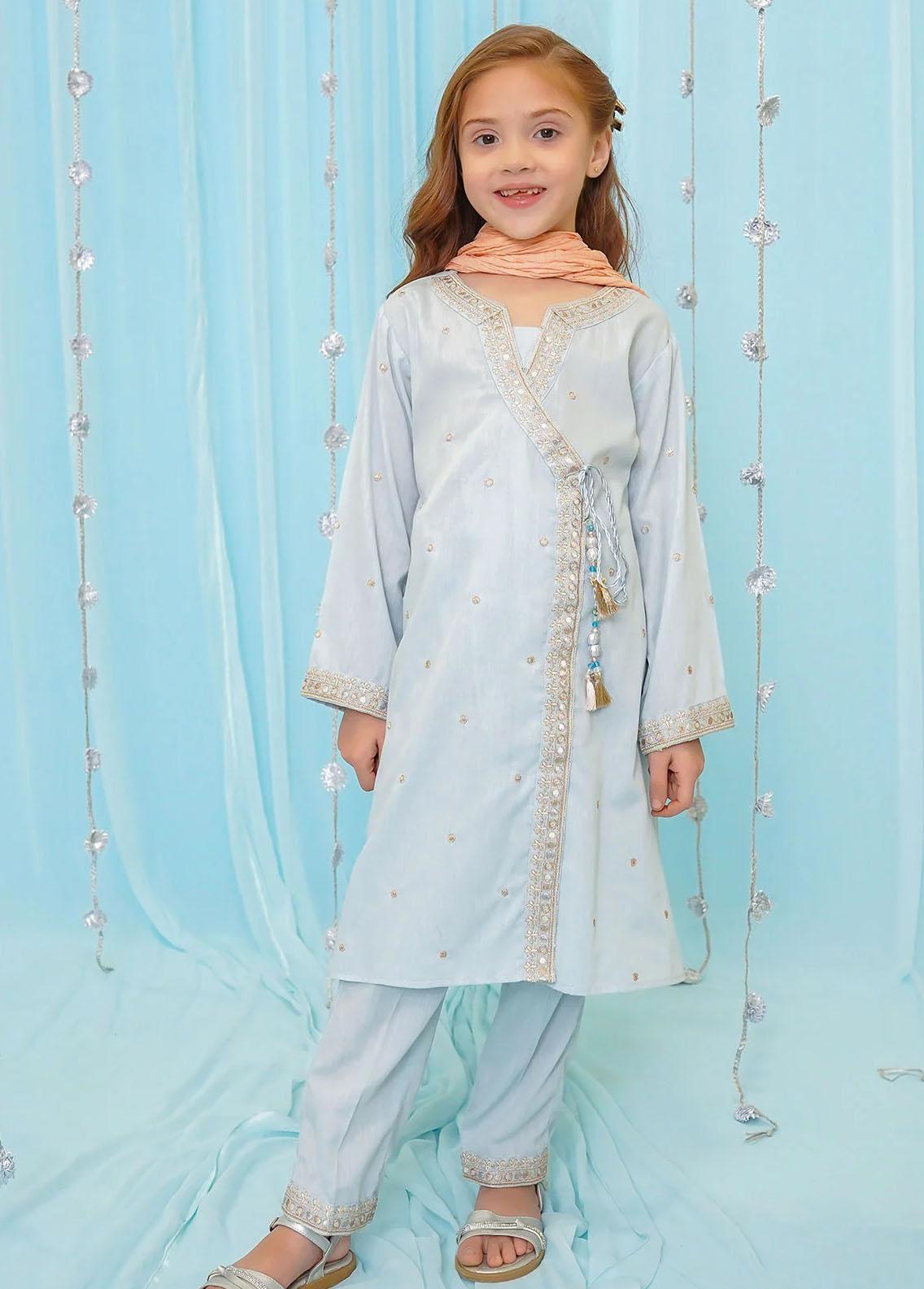 Ochre RTW Embroidered Girls 3 Piece Chiffon Adda Work SOF-03 - Summer Collection