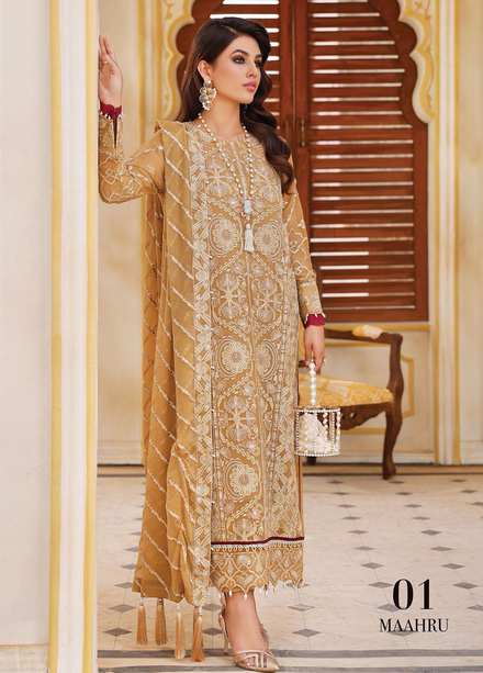 Pareesia By Xenia Formals Embroidered Chiffon Suits Unstitched 3 Piece XE22-P2 01 Maahru - Luxury Collection