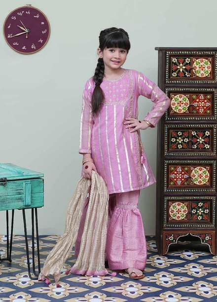 Senorita Jamawar Pret 3 Piece Suit for Kids -  KDD-02141-TPK/GLD