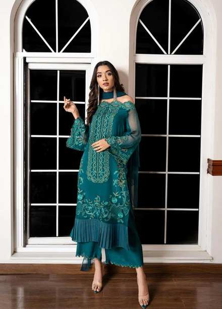 Shahnai By Norans Embroidered Chiffon Suits Unstitched 3 Piece NRS22S NLC-05 Rase-Blish Green - Luxury Collection