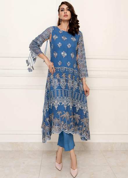Shahnai By Norans Embroidered Organza Suits Unstitched 3 Piece NRS22S NLC-07 Orna-Lapis Blue - Luxury Collection