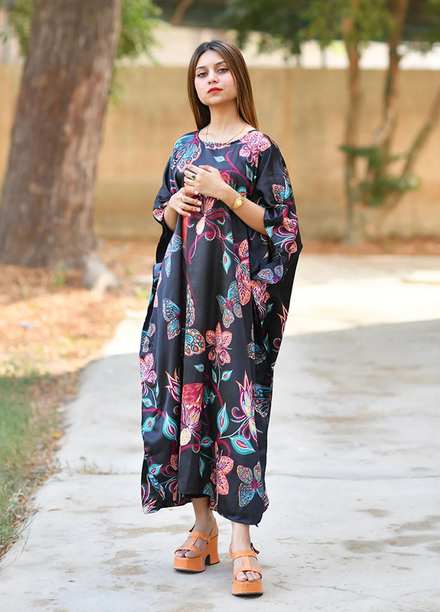 Uzul Trends Pret  Silk Kaftan UT Kaftaan-Black-Floral