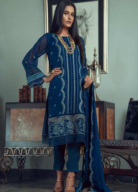 Fascino Embroidered Chiffon Suits Unstitched 3 Piece FN21Z Gloomy Blue - Luxury Collection