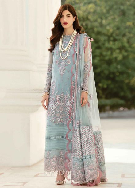 La Fuchsia By Afrozeh Embroidered Chiffon Suits Unstitched 3 Piece AF22LF Serene Sky - Luxury Collection
