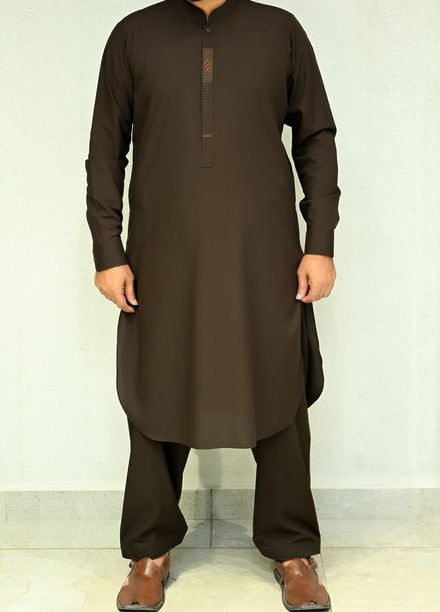 Aizaz Zafar Pret Plain wash N wear Shalwar-Kameez D-685Dark Brown