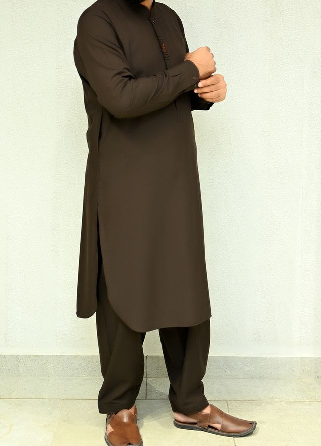 Aizaz Zafar Pret Plain wash N wear Shalwar-Kameez D-685Dark Brown