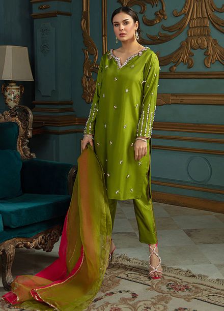 Allure by IH Pret Embroidered Katan Silk 3 Piece Suit Moss
