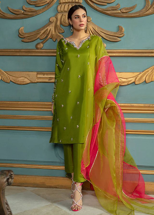 Allure by IH Pret Embroidered Katan Silk 3 Piece Suit Moss