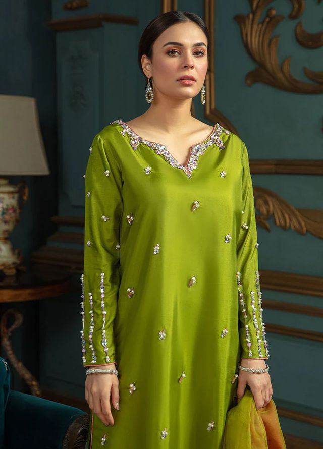 Allure by IH Pret Embroidered Katan Silk 3 Piece Suit Moss