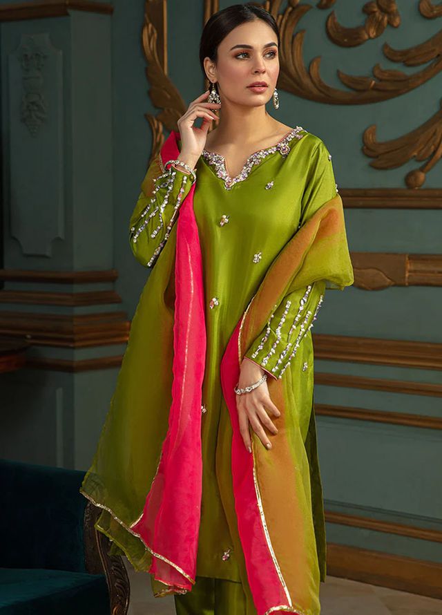 Allure by IH Pret Embroidered Katan Silk 3 Piece Suit Moss