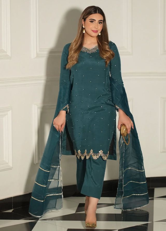 Allure by IH Pret Embroidered Raw Silk 3 Piece Suit Fara