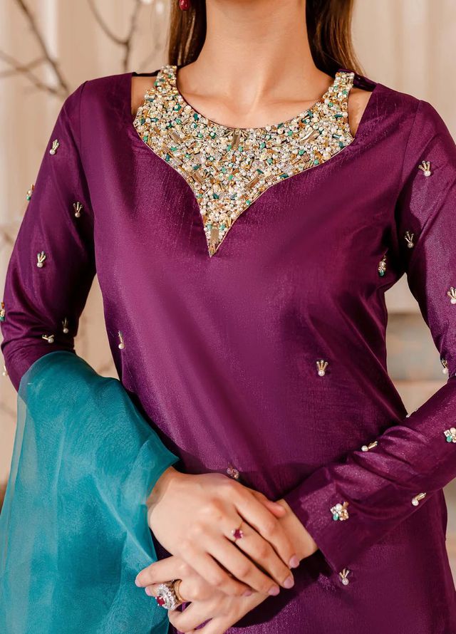 Allure by IH Pret Embroidered Raw Silk 3 Piece Suit Twilight