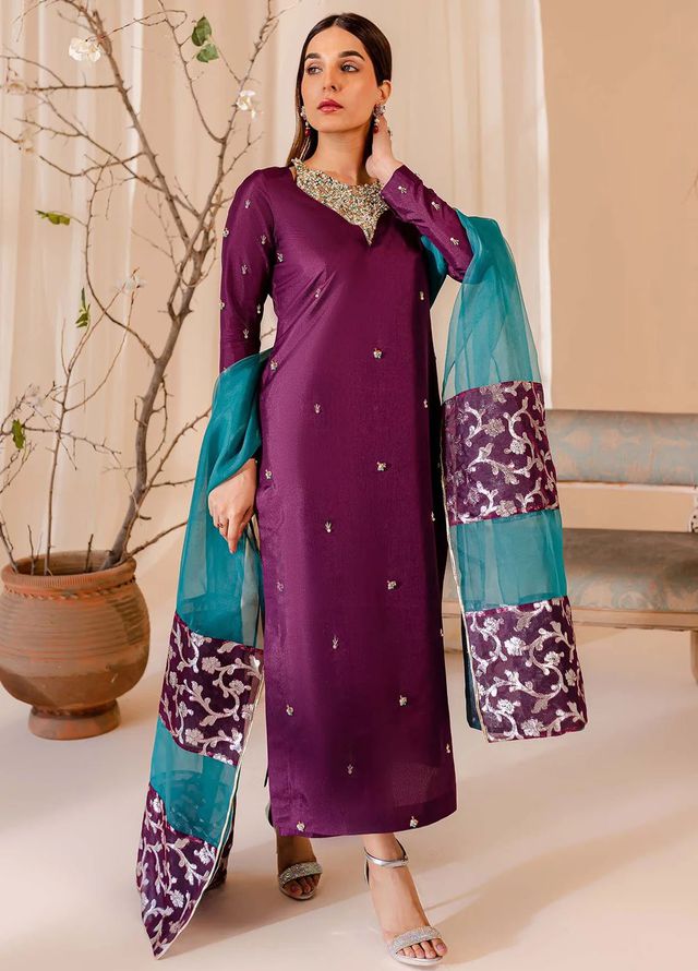 Allure by IH Pret Embroidered Raw Silk 3 Piece Suit Twilight