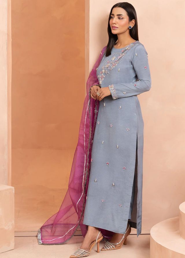 Allure by IH Pret Embroidered Raw Silk 3 Piece Suit Zade