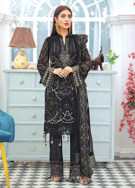 Areesha Embroidered Chiffon Suits Unstitched 3 Piece ARE21-C12 01 Black - Luxury Collection