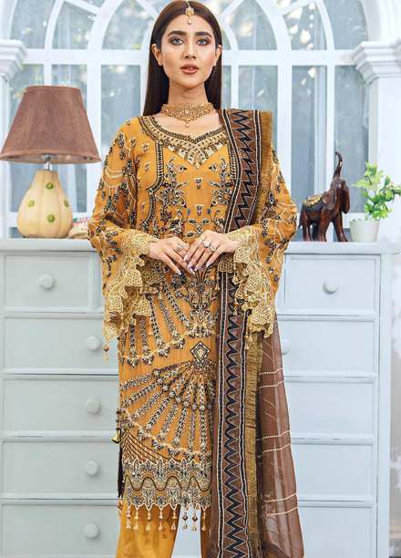Areesha Embroidered Chiffon Suits Unstitched 3 Piece ARE21-C12 04 Mustard - Luxury Collection