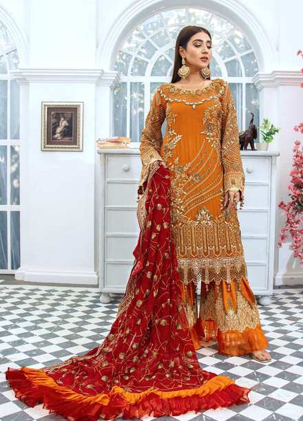 Areesha Embroidered Chiffon Suits Unstitched 3 Piece ARE21-C12 05 Orange Maze - Luxury Collection