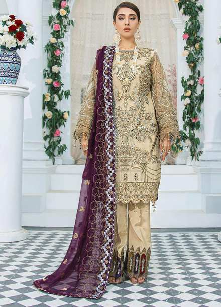 Areesha Embroidered Chiffon Suits Unstitched 3 Piece ARE21-C12 07 Organza Golden - Luxury Collection