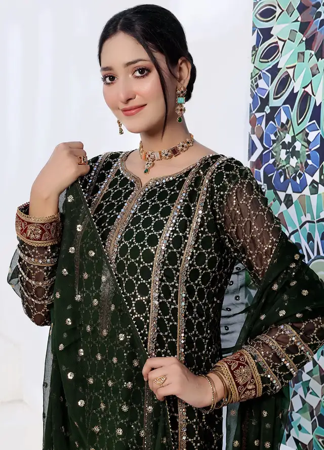 Ayesha Closet Pret Embroidered Chiffon 3 Piece Suit Shahzadi Bottle Green