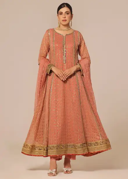 Ayesha Closet Pret Embroidered Chiffon 3 Piece Suit Shahzadi Coral