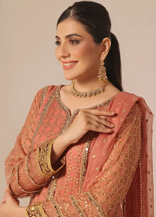 Ayesha Closet Pret Embroidered Chiffon 3 Piece Suit Shahzadi Coral