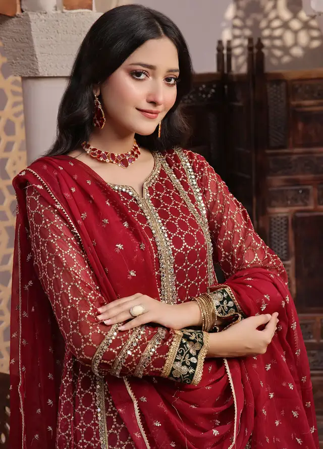 Ayesha Closet Pret Embroidered Chiffon 3 Piece Suit Shahzadi Mehroon