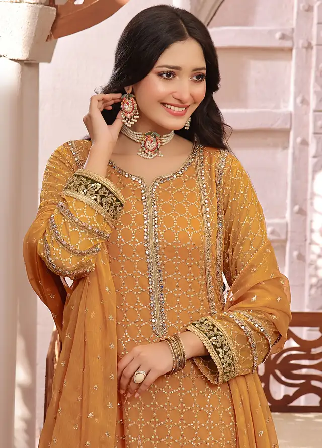 Ayesha Closet Pret Embroidered Chiffon 3 Piece Suit Shahzadi Mustard