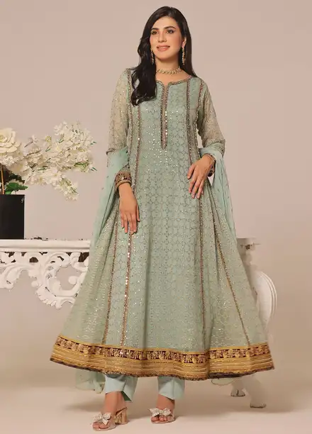 Ayesha Closet Pret Embroidered Chiffon 3 Piece Suit Shahzadi Pistachio