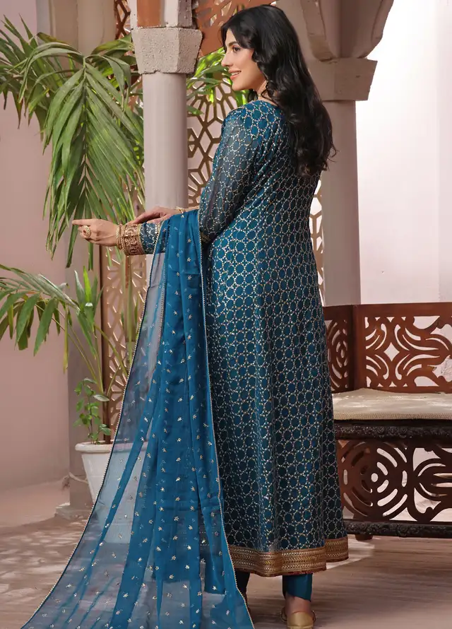 Ayesha Closet Pret Embroidered Chiffon 3 Piece Suit Shahzadi Teal Blue