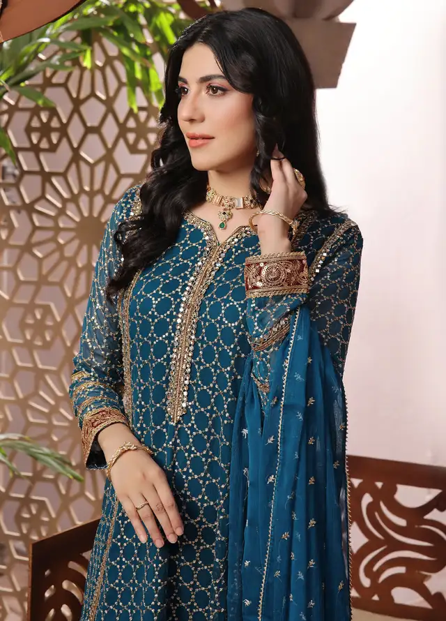 Ayesha Closet Pret Embroidered Chiffon 3 Piece Suit Shahzadi Teal Blue