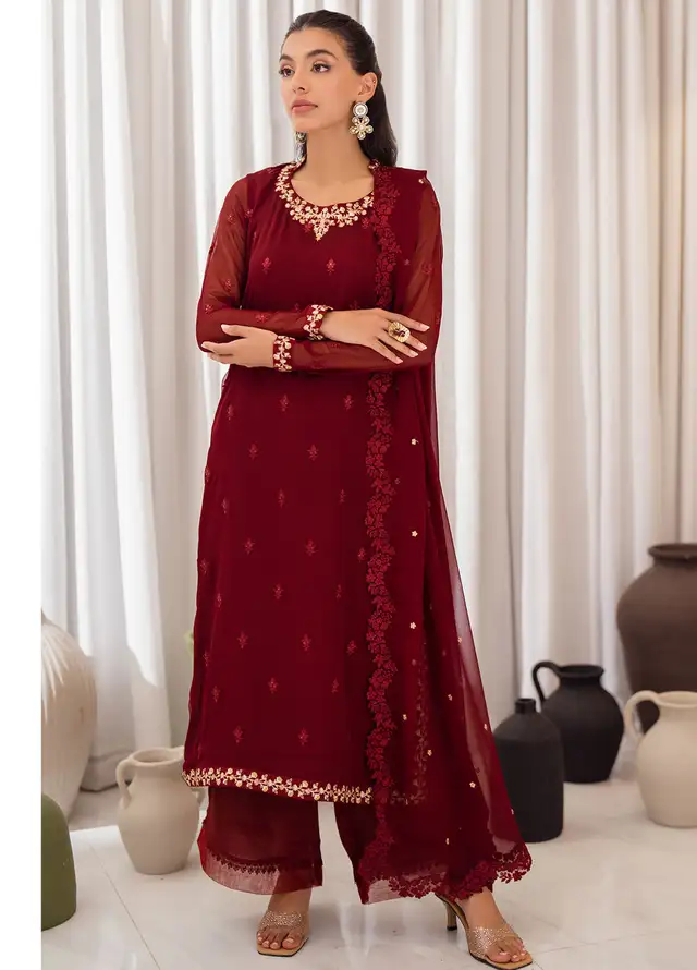 Azure Embroidered Suit Unstitched 3 Piece AZU24EU Wine Scarlet - Festive Collection