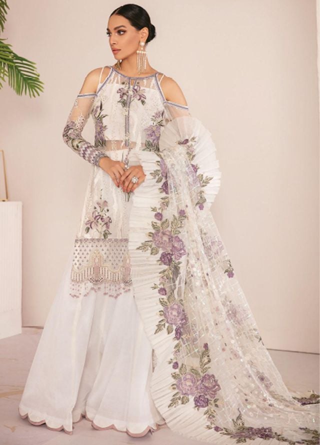 Chantelle By Baroque Embroidered Chiffon Unstitched 3 Piece Suit BQ21C 03 Flo White - Luxury Collection