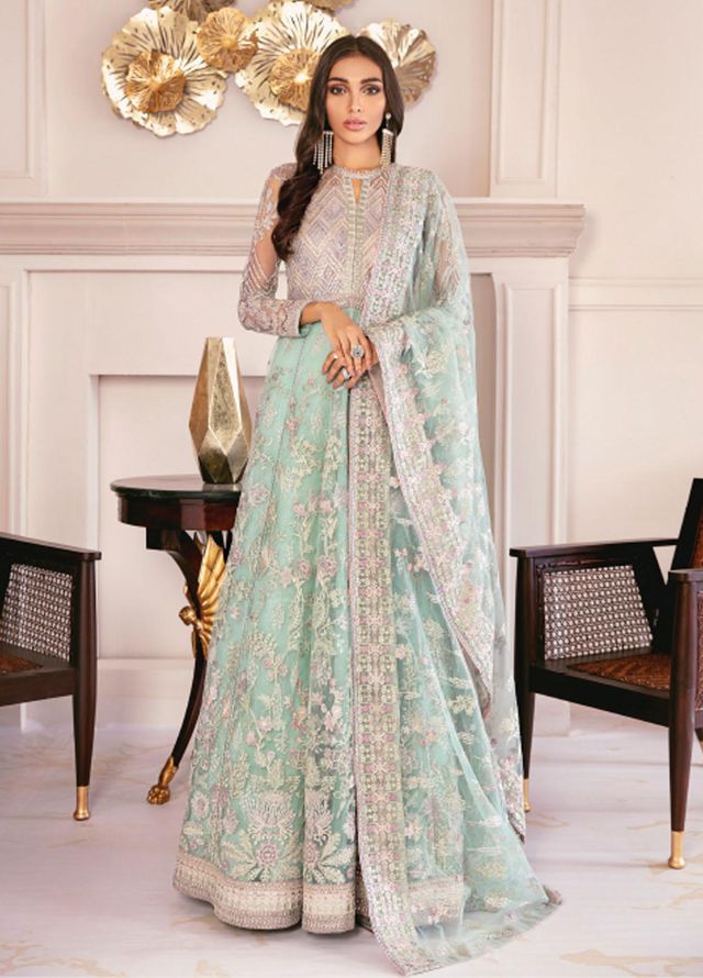 Chantelle By Baroque Embroidered Net Unstitched 3 Piece Suit BQ21C 10 Swiss Topaz - Luxury Collection