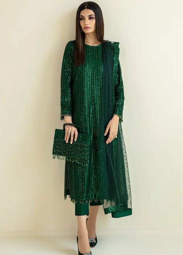 Baroque Embroidered Net Suits Unstitched 3 Piece BQ25UF PR- D386 - Formals Collection